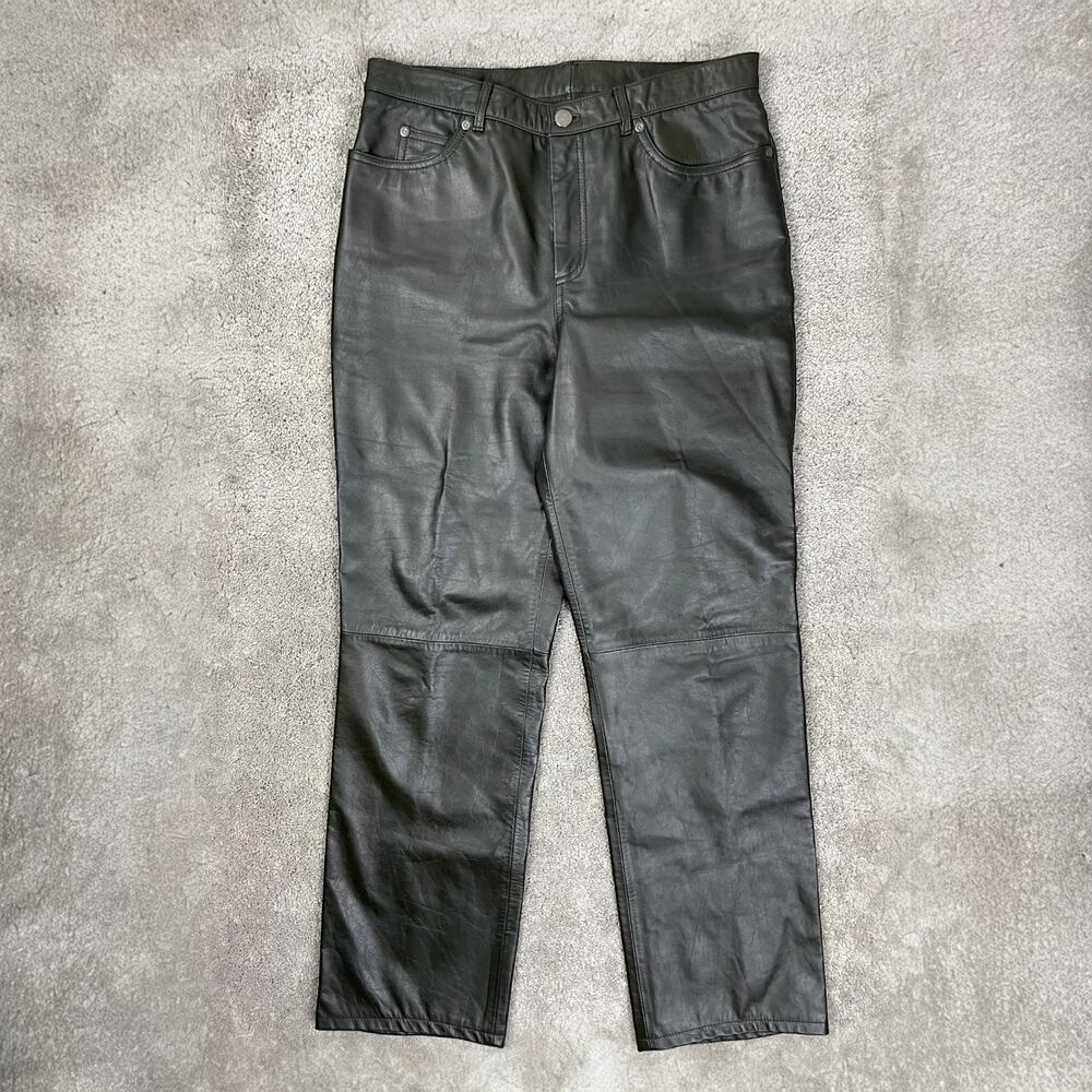 90s Vintage Nine West Leather Pants Womens 6 Dark Green Mid Rise Straight Leg